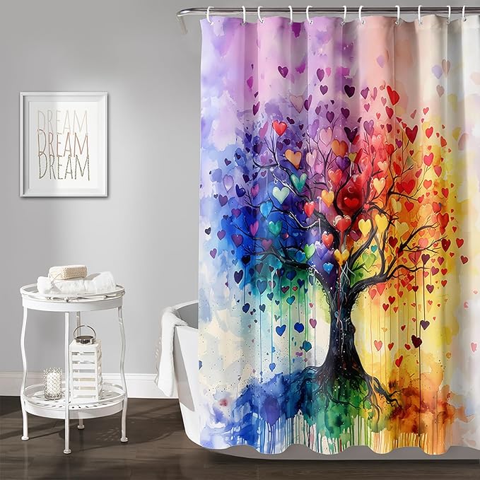 AILONEN Tree of Life Shower Curtain for Bathroom,Watercolor Hearts Tree Printed Waterproof Bath Curtain,Colorful Tree Leaves of Life Abstract Boho Shower Curtain 72" W x 72" H