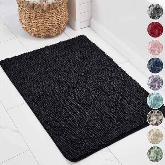 KANGAROO Bathroom Rugs, Chenille Soft Absorbent Bath Rug, Shaggy Shower Mat, Quick Dry Machine Wash Bathmat, Plush Carpet Mats for Tub, Bathtub and Room Home Decor Accessories, 24x17, Black