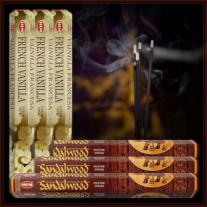 Sandalwood Incense Sticks and French Vanilla Incense Sticks with Incense Holder Bundle for Home Fragrance and Spiritual Décor