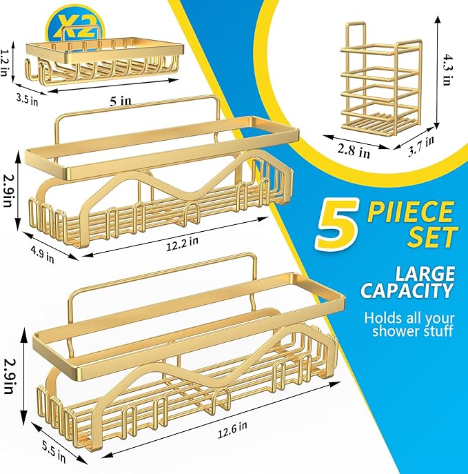 Coraje Shower Caddy - 5-Pack Adhesive Shower Organizer, Large Capacity, Rustproof, No Drilling Required