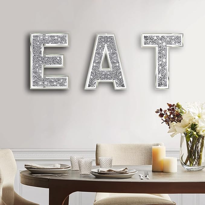 3 pcs Independent Letters EAT.Glam Crystal Diamond Letters.Silver Mirror Glass Home Decoration for Wall, Kitchen,Living Room, Fireplace, Bookshelf and Table.