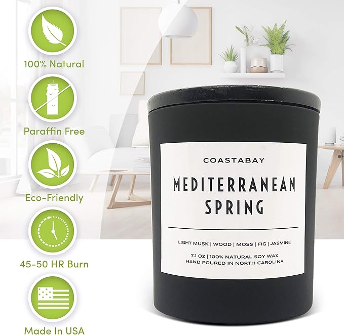 Mediterranean Spring Candle | 100% Natural Soy & Organic Candles, Long Lasting 45 Hour Clean Non Toxic Burn, Eco Friendly, Minimalistic & Modern Design, Hand Poured in The USA – 7.1oz