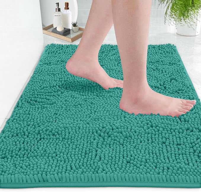 LuxUrux Chenille Bath Mat Set, Turquoise, Extra-Soft Plush Bath Rug, 16'' x 24'' + 20'' x 30'', Super Absorbent, Non-Slip Backing, 2 Piece