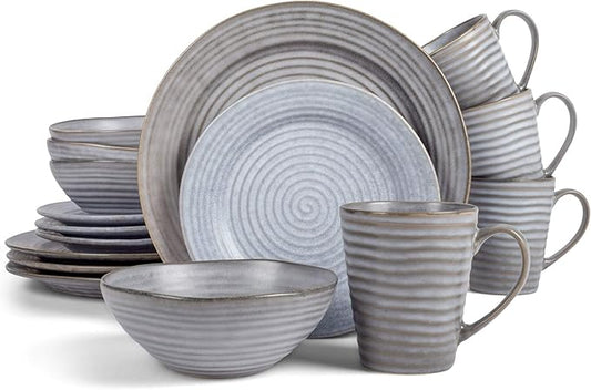 Elanze Designs Charming Chic Ribbed Modern Thrown Pottery Look Ceramic Stoneware Plate Platter Mug & Bowl Kitchen Dish Dinnerware 16 Piece Set - Service for 4, Slate Grey
