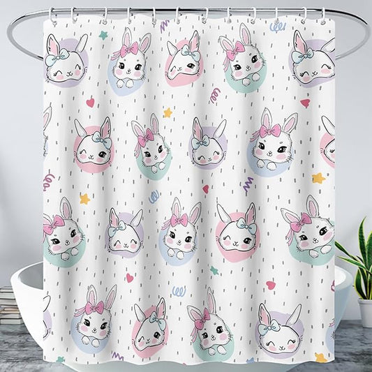 AILONEN Cute Rabbit Shower Curtain, Cartoon Kawaii Bunny Shower Curtain for Bathroom,Modern Minimalist White Waterproof Fabric Shower Curtain Set with Hooks 60" W*72" H