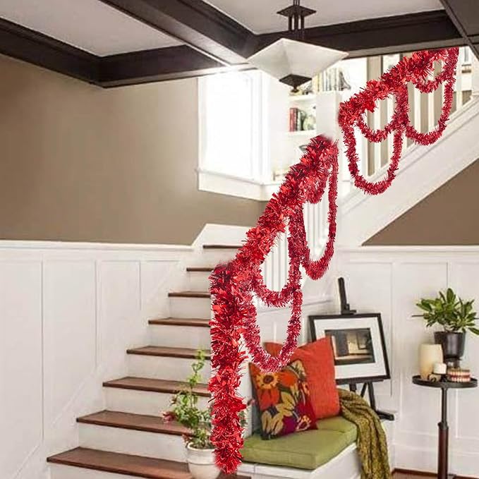 26.2 Feet Red Holiday Tinsel Garland for Graduation, Birthday, Weddings, Party Decorations, Christmas, Patriotic Foil Tinsel Garland for All-Season Home Indoor Outdoor Party Supplies(Red)