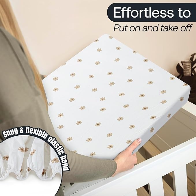 Mini Crib Fitted Sheet, 100% Cotton Knitted Jersey, Pack n Play Sheet, Breathable, Fitted Crib Sheets, Super Soft, Toddler Fitted Sheet,2 Pack,Brown/Flowers, 38x24x6