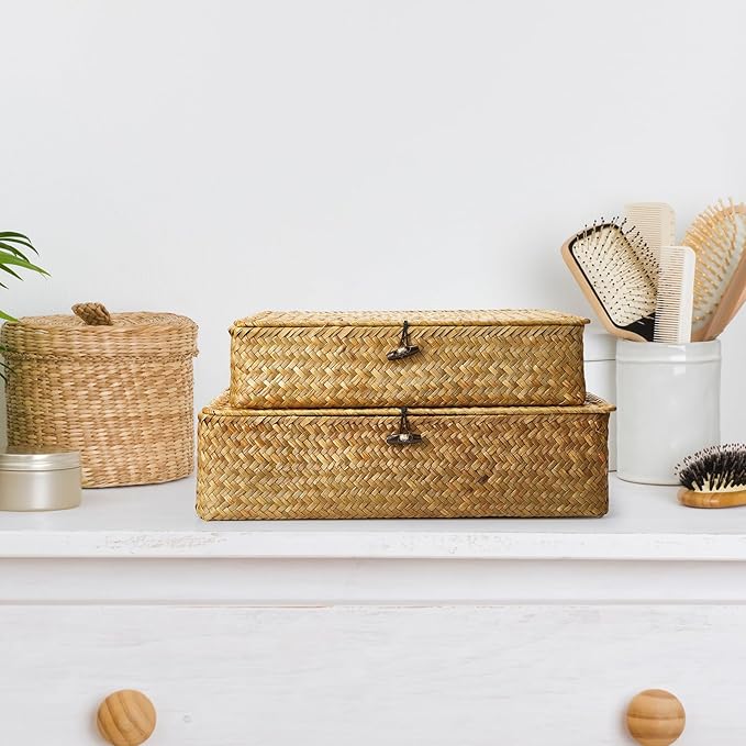 Set of 4 Seagrass Basket with Lid Wicker Storage Basket Decorative Storage Boxes with Lids Flat Storage Bins Woven Organizer Baskets for Shelf Closet Bedroom, 4 Sizes (Yellow)