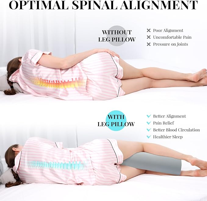 Large Knee Pillow for Side Sleepers Memory Foam Leg Pillows for Sleeping Yoga Bed Half Moon Bolster Pillow for Neck Pain Relief with Pillowcase 23.6"x8.7"x5"(Cooling Grey, Extended Size)