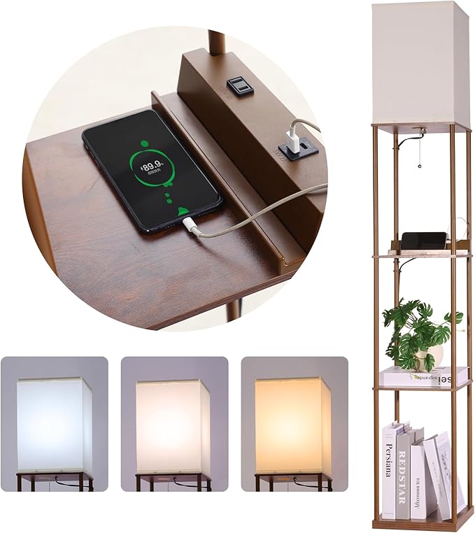 Floor Lamp with Shelves, with 2 USB Ports and Power Outlet Modern Square Standing Lamp with 3 Color Temperature Bulb, Corner Display Bookshelf Lamp for Living Room, Bedroom and Office (brown-9DY)