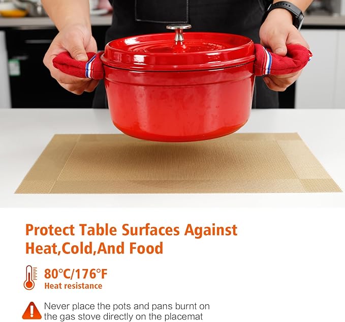 Placemats Set of 4,Washable,Heat and Stain Resistant Indoor/Outdoor Place mats, Vinyl Woven Non Slip Table Mats for Restaurant Table Protection, PVC Table Placemats.(Gold, 4PCS)