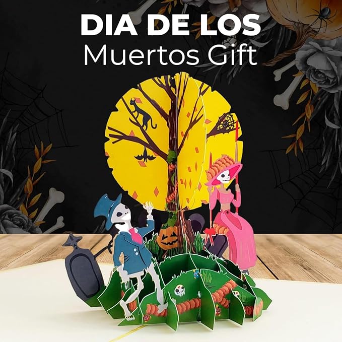 iGifts And Cards Día de los Muertos Pop-Up Card – 3D Skeleton Couple Under Full Moon – Handmade Greeting for Day of the Dead, Halloween, Altar Offering, or Remembrance