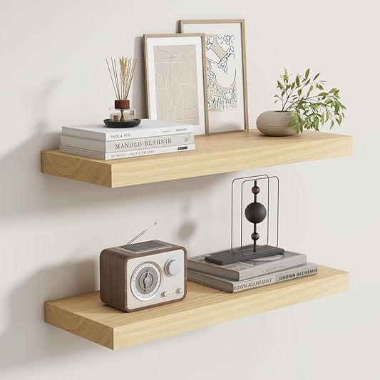 Fun Memories Rustic Floating Shelves for Home Decor, 8 Inch Deep Floating Shelf, Solid Wood Floating Wall Shelves 24 Inch Long, Deep Wall Shelves for Bathroom, Living Room, Natural Finsh, Set of 2