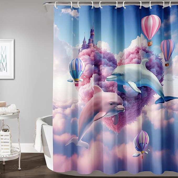 AILONEN Cute Dolphin Shower Curtain,Romantic Pink Sky Clouds Hearts Print Bath Curtain,Blue and Pink Dolphin Shower Curtain Waterproof for Bathroom Decor with 12 Plastic Hooks, 72" W*96" H