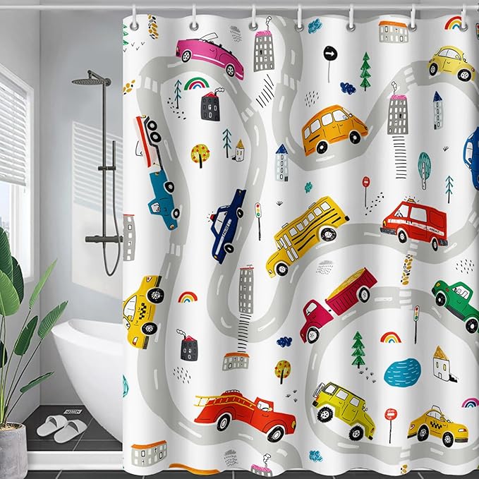 AILONEN Construction Shower Curtain, Truck Fire Engine Police Car Bath Curtain for Kids Boys,Red Yellow Blue Truck Car Bathroom Decor Waterproof Fabric 60" W*72" H Inch with 12 Plastic Hooks