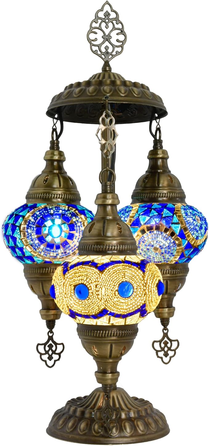 mozaist 3 Light Moroccan Mosaic Table Lamp, Stained Glass Boho Style Turkish Desk Lamp, Farmhouse Antique Living Room, Office Decorative Vintage Lighting with US Plug & E12 Socket (Blue & White)