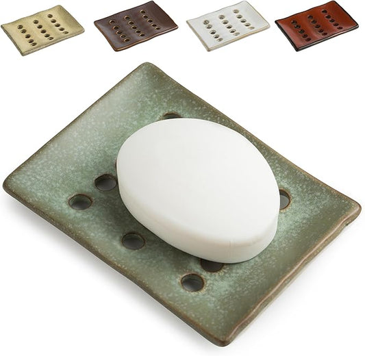 Ceramic Soap Dish with Self Drain for Shower, Bar Soap Holder to Lift and Keep Dry, Concave Design to Prevent Slipping, Suitable for Kitchen and Bathroom, Green