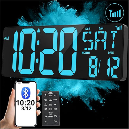 XREXS 17.2" Large Digital Wall Clock Bluetooth Sync Time, Precise Atomic Clocks with Remote Control, Adjustable Dimmer Grandfather Clock, Temperature Clock for Bedroom, Desk Alarm Clock for Teens