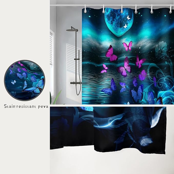 AILONEN Flying Butterfly Shower Curtain for Girls Women,Blue Sky Starry Ocean Sea Rose Bath Curtain 48" W*72" H Polyester Fabric Waterproof Bathroom Curtain with 12 Hooks