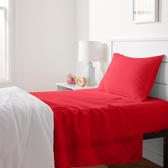 Amazon Basics Kid's Soft Easy-Wash Lightweight Microfiber 3-Piece Sheet Set, Toddler, Red, Solid