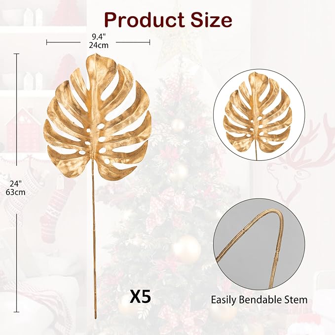 DILATATA 5 Pcs Artificial Monstera Leaves with Stem 20 Inch Golden Tropical Monstera Plant Gold Palm Leaves Philodendron Monstera Fronds for Wedding Hawaiian Luau Jungle Party Decorations