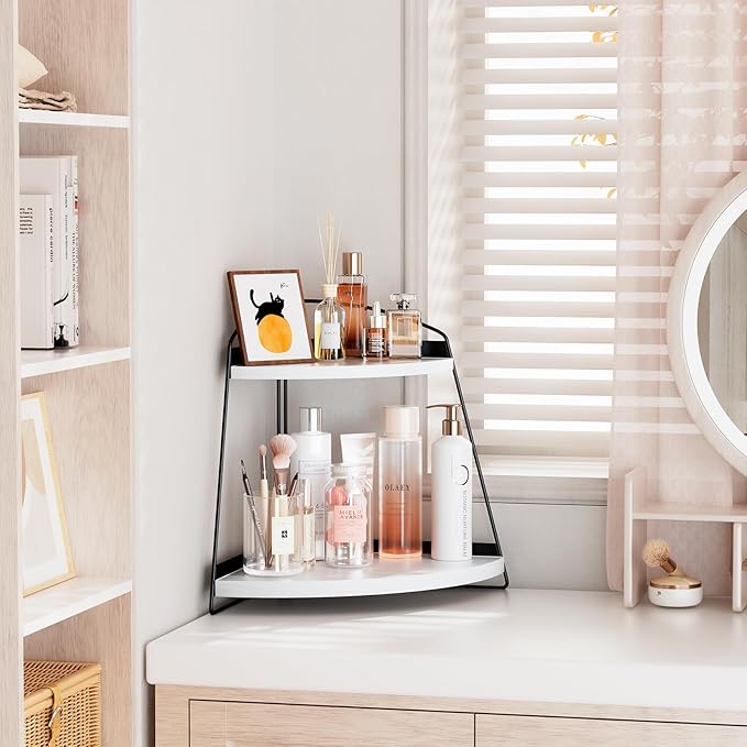 Puricon Bathroom Counter Organizer, 2 Tier Corner Countertop Storage Shelf Bathroom Sink Organizer, Wood Triangle Bathroom Organization for Skincare Kitchen Vanitity -White, 2 Pack