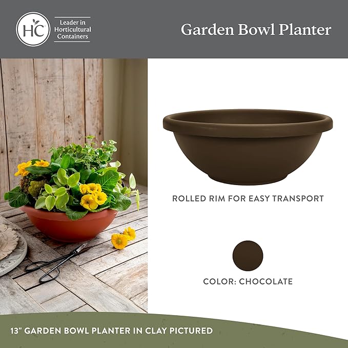 The HC Companies Shallow Planter with Drainage - Contemporary Garden Bowl Planter for Flowers, Herbs & More - Round Succulent Planter Pot for Indoors and Outdoors (15.5" Chocolate, Pack of 2)