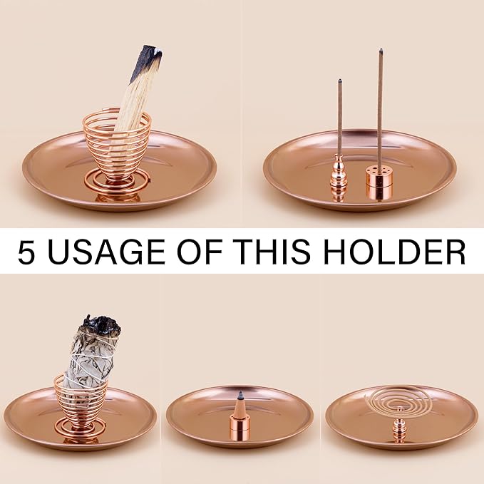 ZenBless 5 in 1 Incense Burner Holder, Palo Santo Holder, Sage Holder, Incense Sticks/Coil/Cones, 5.5 inches Brass Ash Catcher for Meditation Yoga Room(Rosegold)