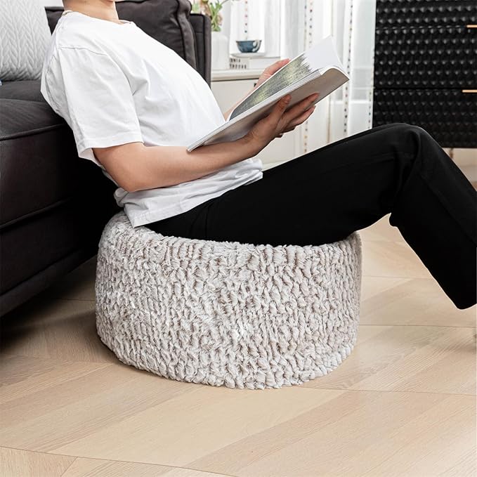 Asuprui Pouf Ottoman Stuffed Round Poof Ottoman Seat Foot Stool with Filler 20x20x12 Inches Fuzzy Chair Floor Pouf Chair Foot Rest with Storage for Living Room Bedroom Snow Coffee Pouf with Filler