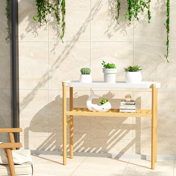 Bamboo Plant Stands Indoor, 2 Tier Steel Tray Plant Table Tall Corner Multiple Plant Holder Display Rack for Outdoor Garden Home