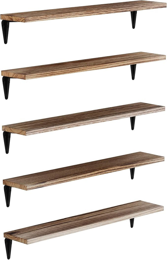 Wallniture Arras Wood Floating Shelves for Wall Storage, 24" Living Room Bookshelves, Kitchen Shelves for Bedroom & Office Burnt Finish Set of 5