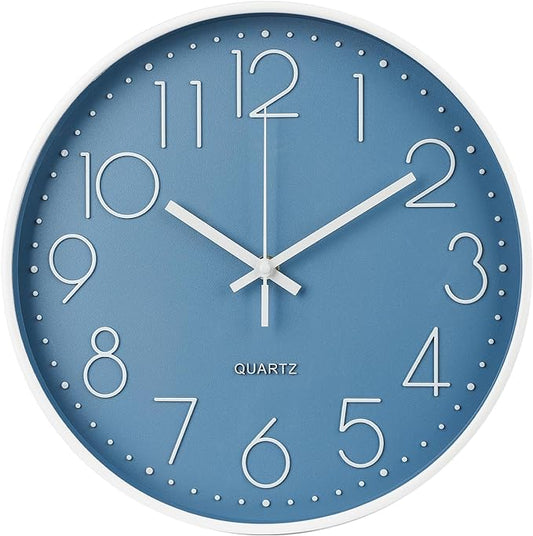 Wall Clock 10 Inch Non-Ticking Silent Modern Simple Style Round Decor Clock Cerulean Stereoscopic Dial Quartz Wall Clocks for Home/Office/School/Living Room/Bedroom/Kitchen