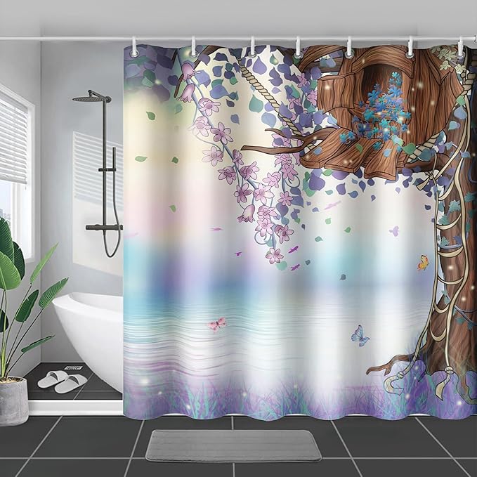 AILONEN Purple Tree Leaves Shower Curtain,Botanical Floral Plants Vine Shower Curtain,Butterfly Floral Shower Curtain for Bathroom Decor Polyester Waterproof with Grommets and Hooks 36" W*72" H
