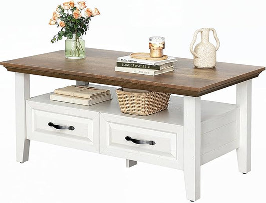 Marsail Farmhouse Coffee Table with Storage, 39.4" Wood Coffee Table for Living Room, Rustic Center Table with 2 Drawers, Open Display Area, Brown&White