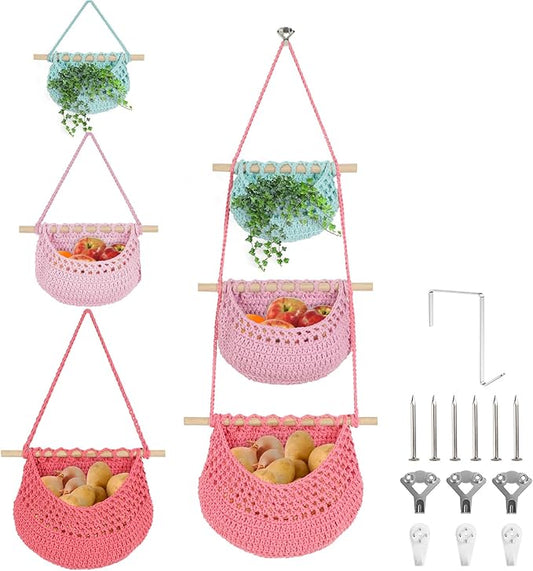 Hanging Baskets for Organizing, 3 Tier Detachable Wall Hanging Fruit Basket Over the Door Organizer for Vegetable Plant, Blue Pink Boho Cotton Crocheted Fruit Holder for Kitchen Bathroom Bedroom