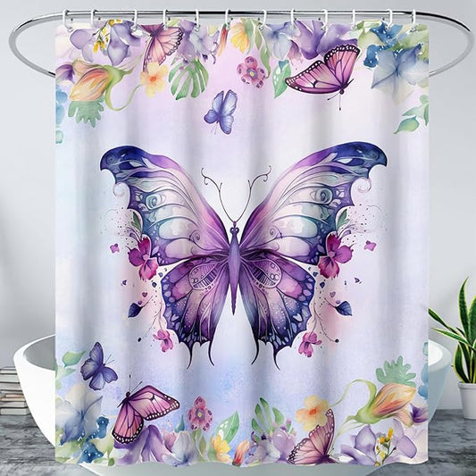 AILONEN Butterfly Shower Curtain for Bathroom, Purple Butterfly Bath Curtain Decor,Modern Printed Waterproof Shower Curtain with 12 Plastic Hooks (Kids/Girls/Women/Teen/) 48" W*72" H