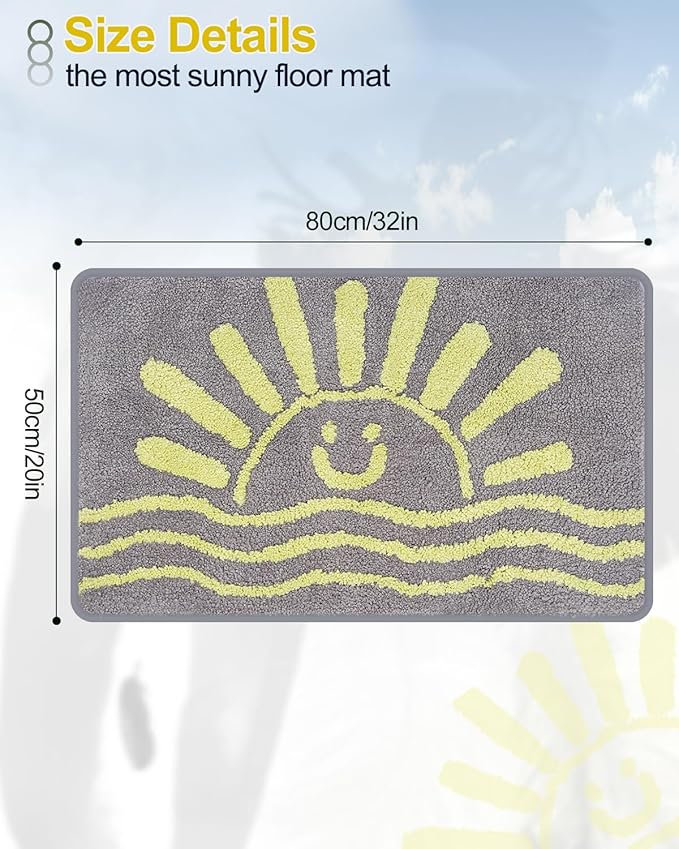 Bathroom Rugs Mat Rectangle 32"×20" - Cute Sun Smile Fun Grey Green Boho Bath Mats Non Slip, Soft Absorbent Microfiber Bohemian Rug,Machine Washable Rubber Rugs for Floor Bedroom Toilet Bathmat