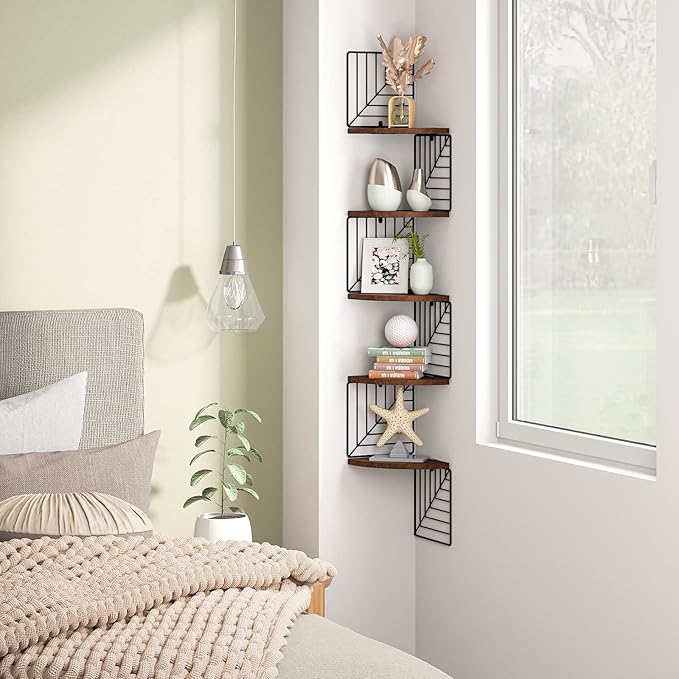 Love-KANKEI Corner Shelf Wall Mount of 5 Tier, Rustic Wood Floating Shelves Wall Shelves for Bedroom Living Room Bathroom Kitchen Office and More Dark Walnut