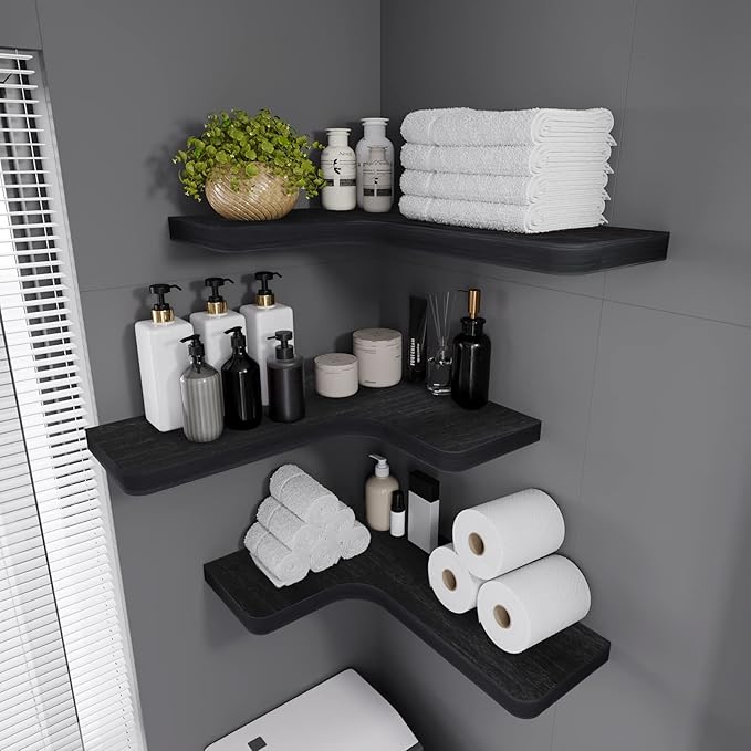 SAUMONIERES Corner Floating Shelves Wall Mount Shelf Solid Wood for Bedroom Bathroom Room Kitchen Storage Set of 3, Black, Invisible Brackets