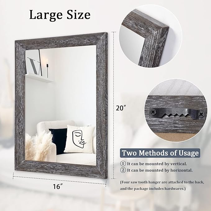 AAZZKANG Wall Mirror with Rectangle Wood Frame Large 20"x16" Rustic Decorative Hanging Mirrors for Bedroom Bathroom Living Room Home Office
