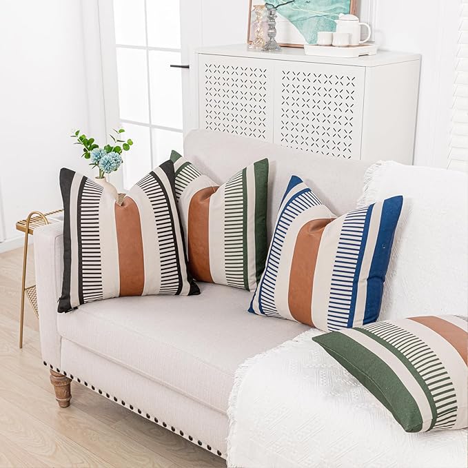Farmhouse Stripe Pillow Cover 20x20 Boho Accent Cushion Case Faux Leather Decorative Pillowcase,Black and Beige (Cover ONLY, Pack of 2)