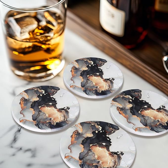 6 Pcs Black Marble Abstract Ceramic Coasters with Holder Best Round Drink Absorbent Coaster for Desk, Lounge, Coffee Table, Wine, Beverage, Bar Coasters Set
