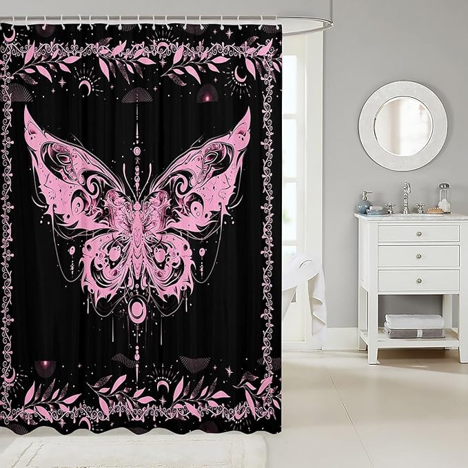 Feelyou Boho Pink Butterfly Bathroom Waterproof Accessories with 12 Hooks Bohemian Moth Shower Curtain for Kids Boys Girls Moon Galaxy Fabric Shower Curtain Black and Pink Curtains,72X84 Inches