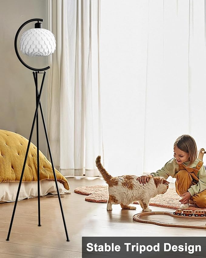 Modern Floor Lamp with Arc Imitation Feather Lampshade, Black Metal Standing Lamp with Bulb Included, Vintage Tall Reading Light for Living Room, Bedroom,Home Office