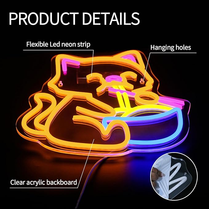 Cat Ramen Neon Sign for Wall Decor Dimmable Led Lights Signs Cat LED Signs for Home Bar Yellow Noodles Neon Light Room Decor for Bedroom Kitchen Restaurant Gift USB Powered