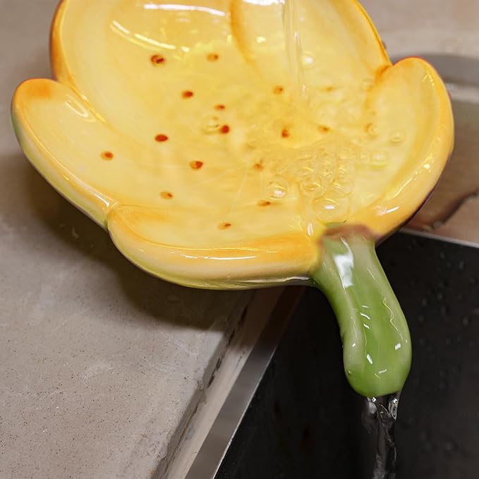 Ceramic Soap Dish Holder for Bathroom, Flower Bar Holder for Shower, Easy Cleaning Saver Tray Decoration for Bathroom, Sinks, Kitchen (Orange)