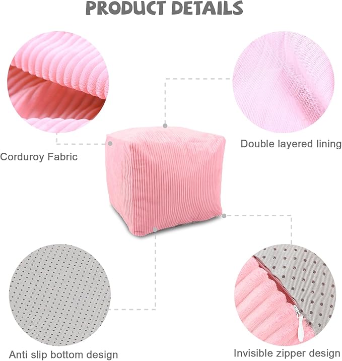 Sexysamba Square Corduroy Pouf Cover Only, 20"x 16" Unstuffed Decorative Ottoman Foot Stool Rest, Washable Storage Bean Bag Chair Floor Pouf Covers for Living Room Bedroom, Pink