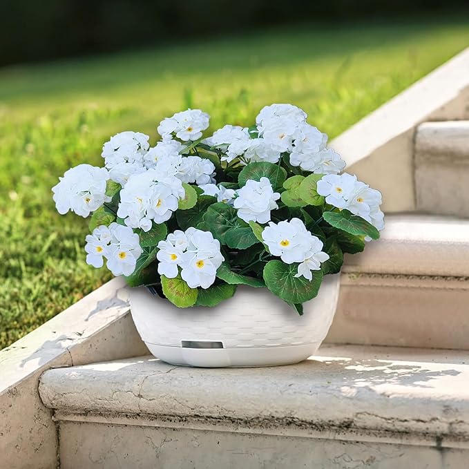 8Pcs White Artificial Geranium, Fake Outdoor Flowers, Artificial Flowers For Outdoors, White Artificial Plastic Flowers, Fake Plant For Outside, Silk Faux Flowers Planters UV Resistant For Front Porch