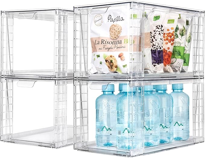 4Pack Large Stackable Kitchen Storage Drawers, Clear Foods Organizer Bins with Handles, Easily Assemble for Bathroom, Kitchen, Pantry, Cabinet, Closet(XL-UP Handle)
