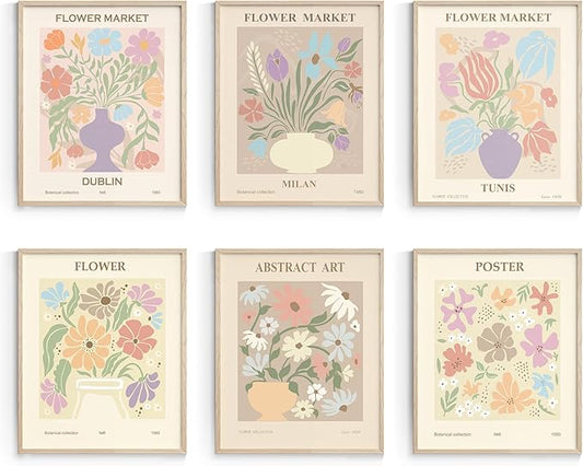 Habseligkeit Danish Pastel Wall Art Prints, Flower Market Retro Posters, Vintage Floral Art Prints, Cute Matisse Room Decor Aesthetic for Bedroom Wall Decor（11x14inch, Unframed